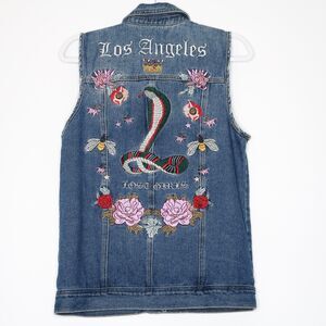 PacSun Embroidered Denim Vest Jacket Size Small Los Angeles Lost Girls Snake Bee